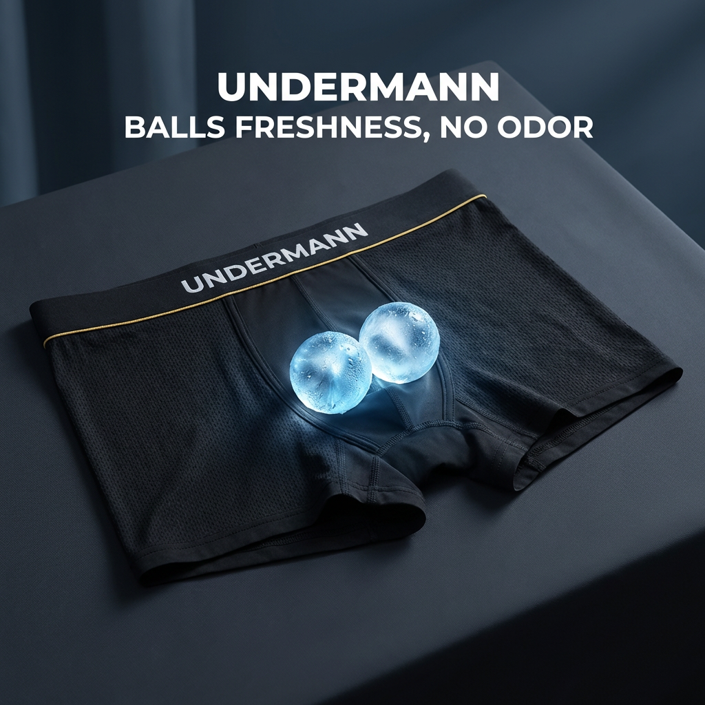 Black underwear with glowing blue balls on a dark surface, featuring the brand 'UNDERMANN'.